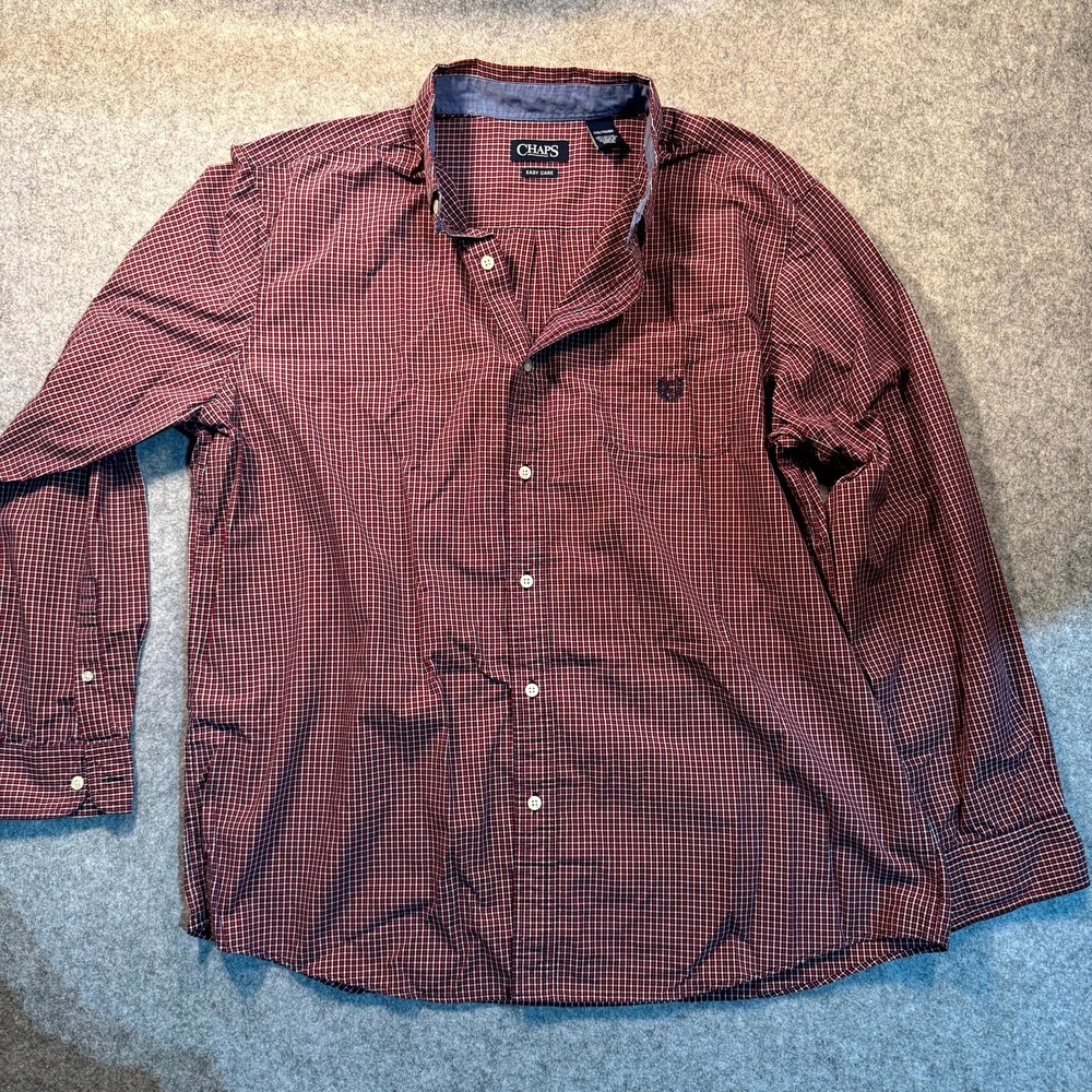 Chaps Shirt Mens 2XL Red Gingham Plaid Cotton Easy Care Pleated Logo Button Down